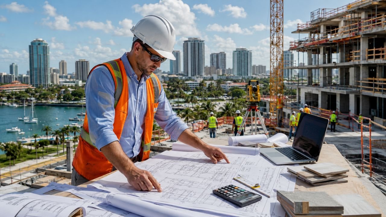 Construction estimator reviewing architectural plans at a St. Petersburg, Florida construction site with high-rise development in the background.