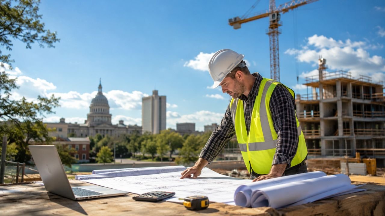 Construction estimator reviewing building plans at a Tallahassee construction site