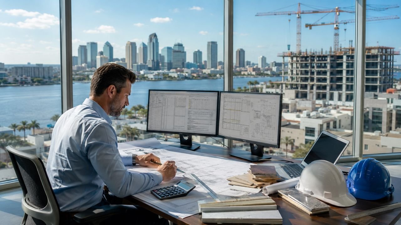 Construction estimator reviewing building plans, cost data, and project documents for a Tampa construction project with a commercial development in the background.