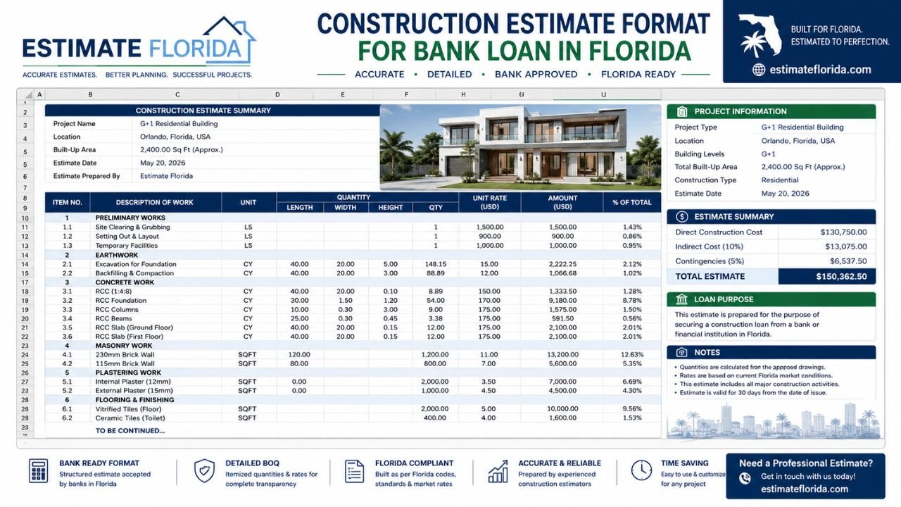 Construction estimate format for bank loan in Florida