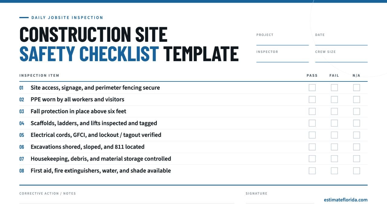 Construction site safety checklist template for Florida