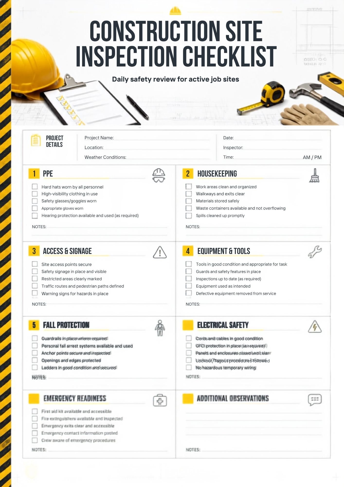 Construction Site Inspection Checklist PDF for Florida