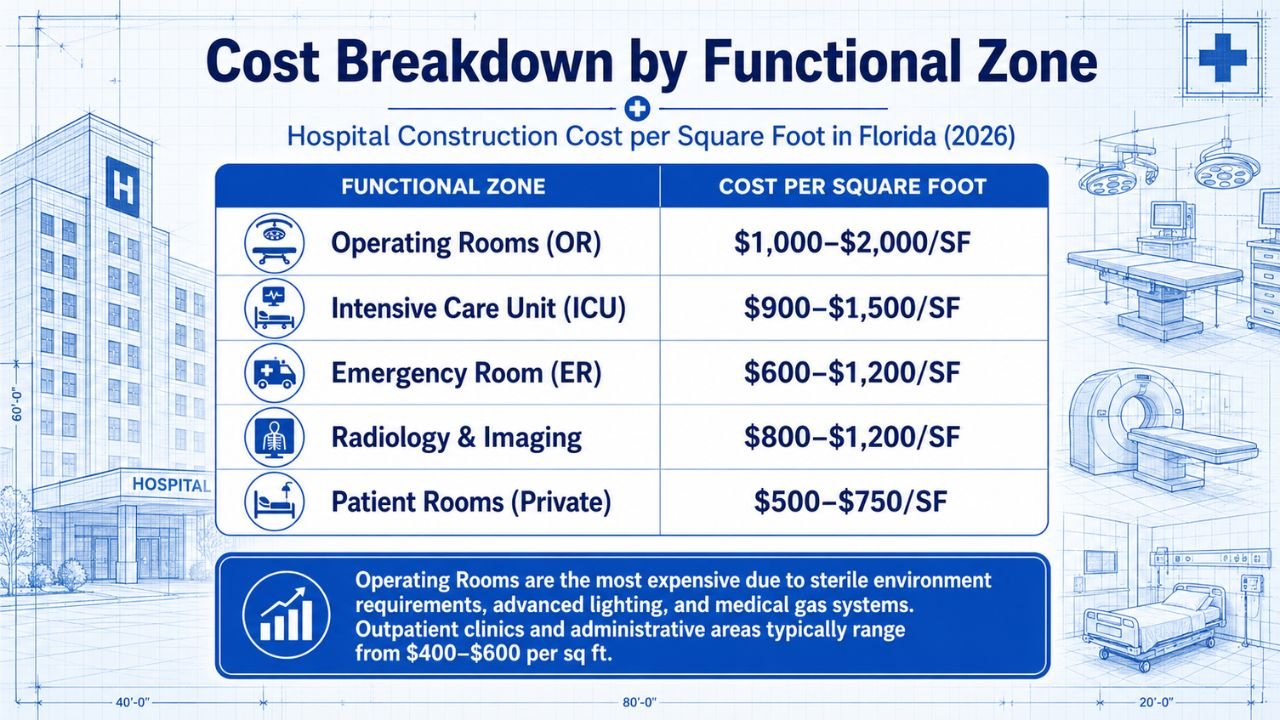 Infographic showing hospital construction cost breakdown by functional zone in Florida, including operating rooms, ICU, emergency room, radiology, and patient rooms with cost per square foot estimates.