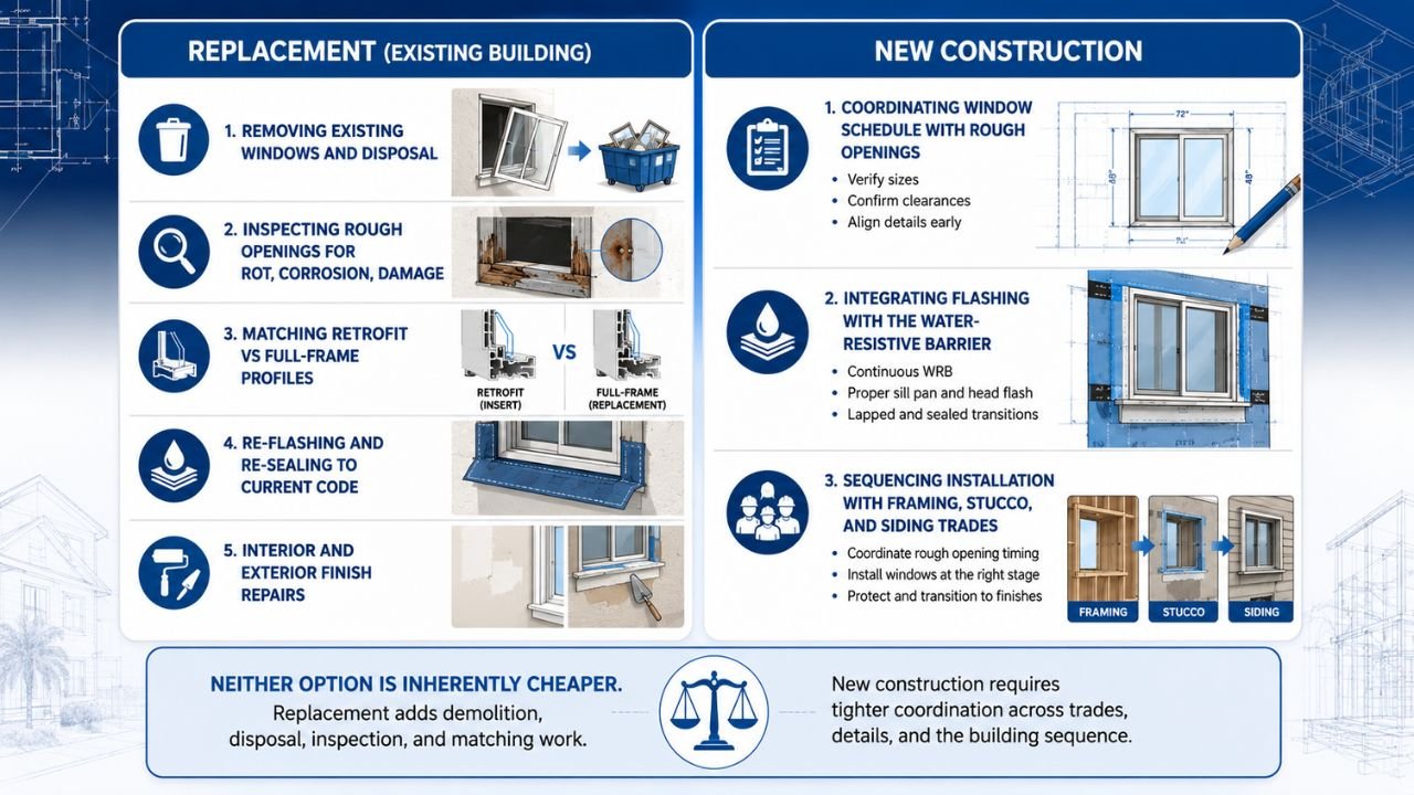 Comparison of hurricane impact window replacement and new construction installation costs and requirements in Florida.