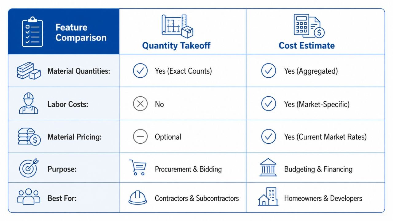 Quantity takeoff vs cost estimate comparison showing material quantities, labor costs, material pricing, purpose, and best uses