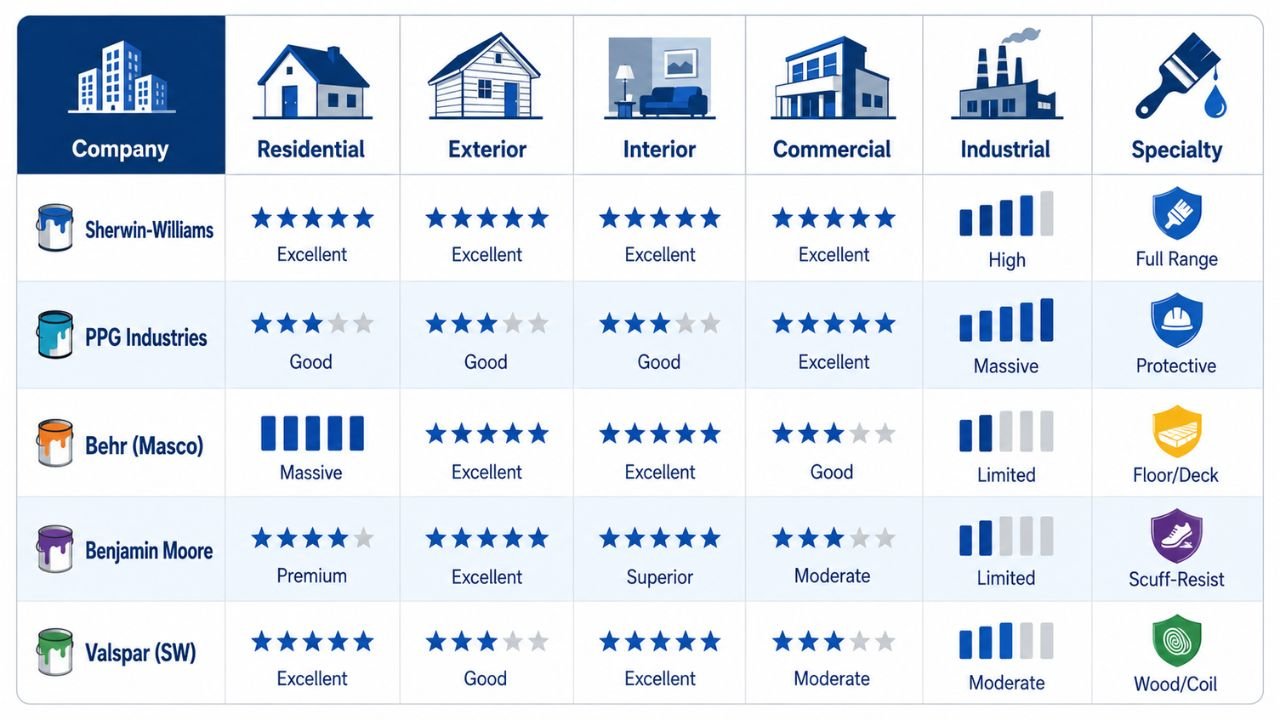 Detailed comparison of the top 5 paint companies in the USA for residential, exterior, interior, commercial, and industrial painting