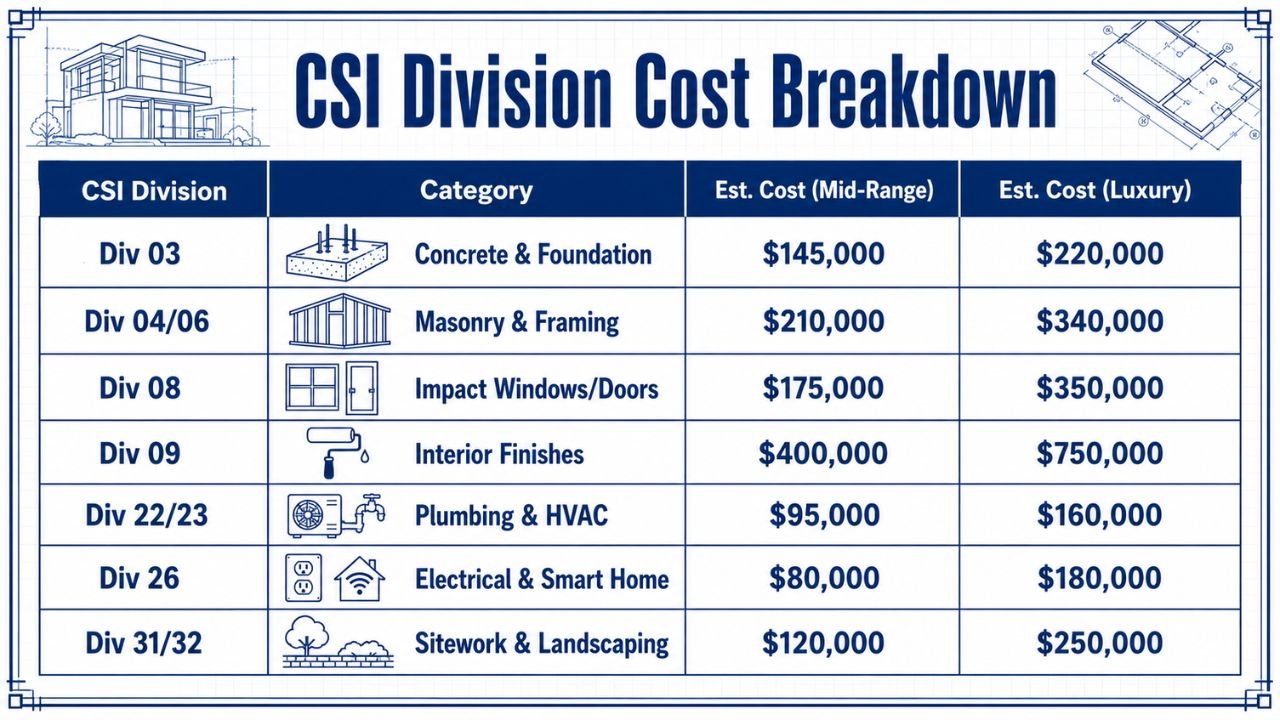CSI Division cost breakdown infographic for building a 5,000 sq ft house in Florida, showing estimated mid-range and luxury costs for foundation, framing, windows, finishes, MEP, electrical, and sitework.