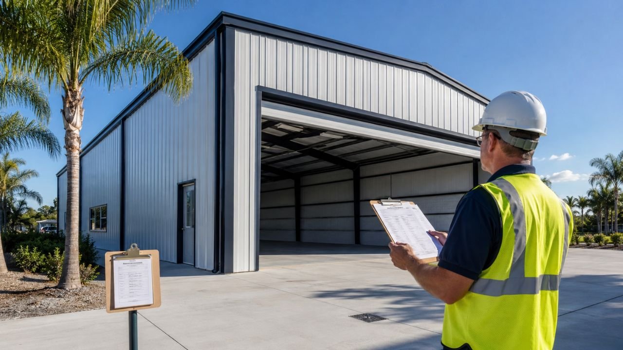 Building inspector conducting a permit inspection on a newly constructed metal building in Florida with an open garage door and concrete slab foundation.