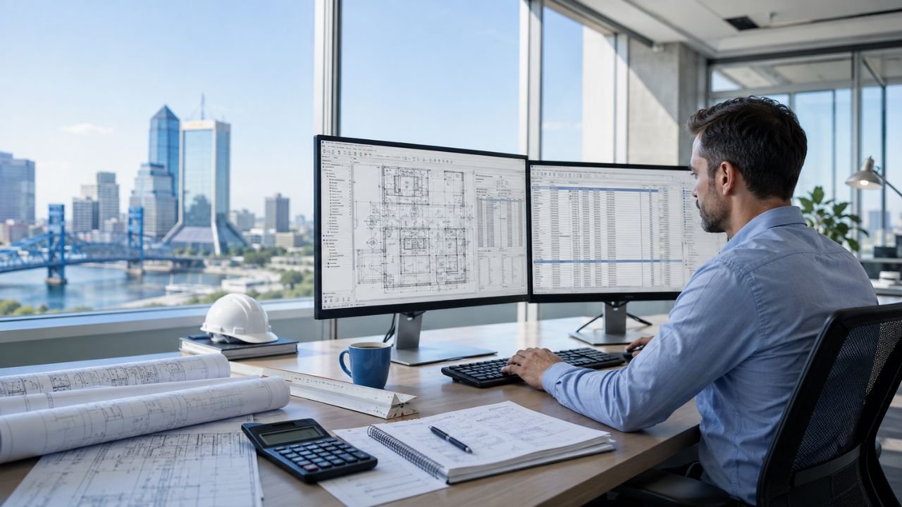 Electrical estimator reviewing electrical plans and cost estimates in Jacksonville, Florida