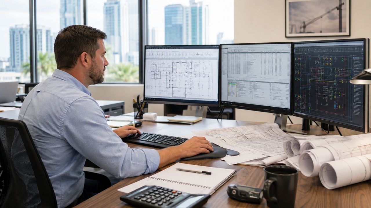 Electrical estimator reviewing construction plans and electrical drawings in Tampa