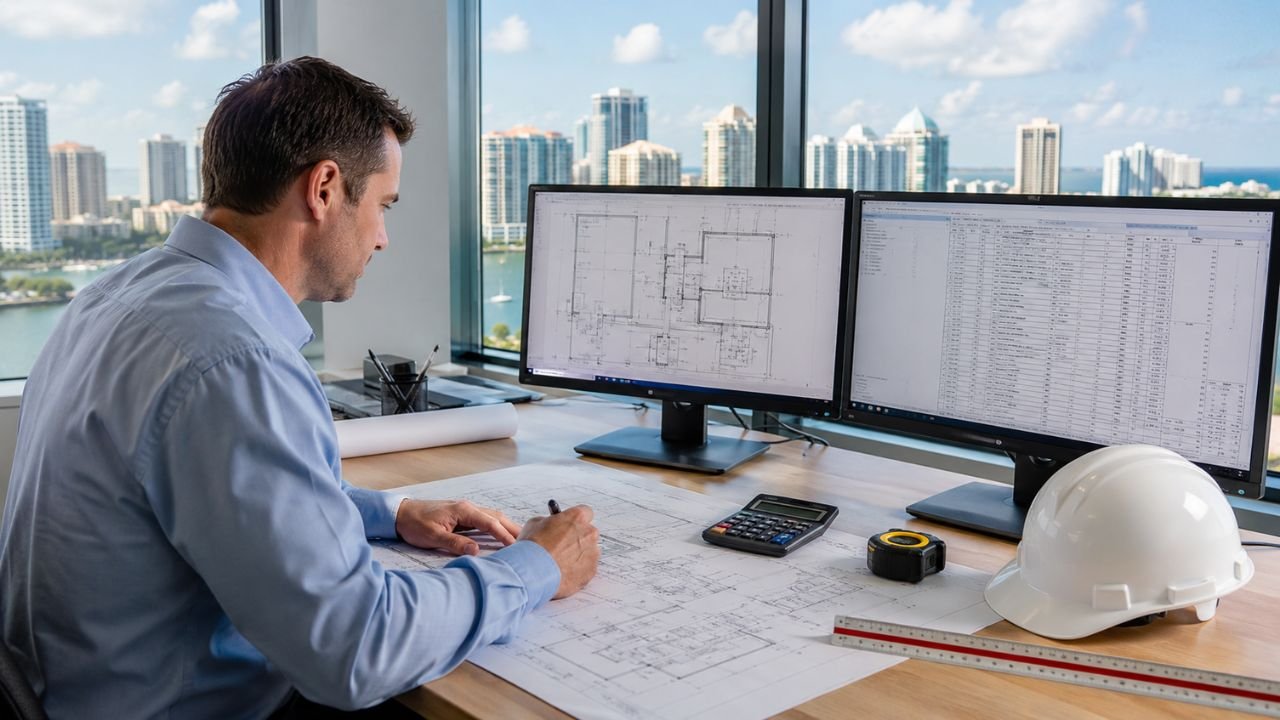 Electrical estimator in Sarasota FL reviewing construction plans and electrical cost estimates