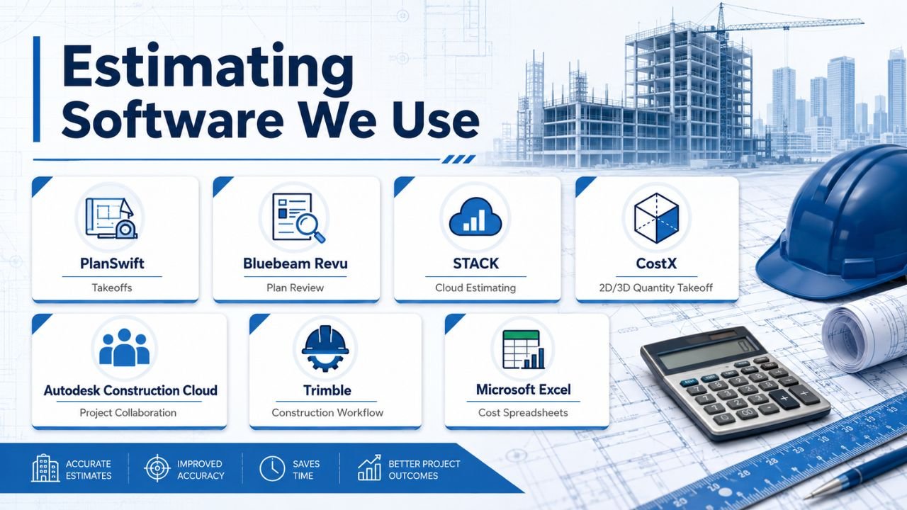 Construction estimating software including PlanSwift, Bluebeam Revu, STACK, CostX, Trimble, and Excel