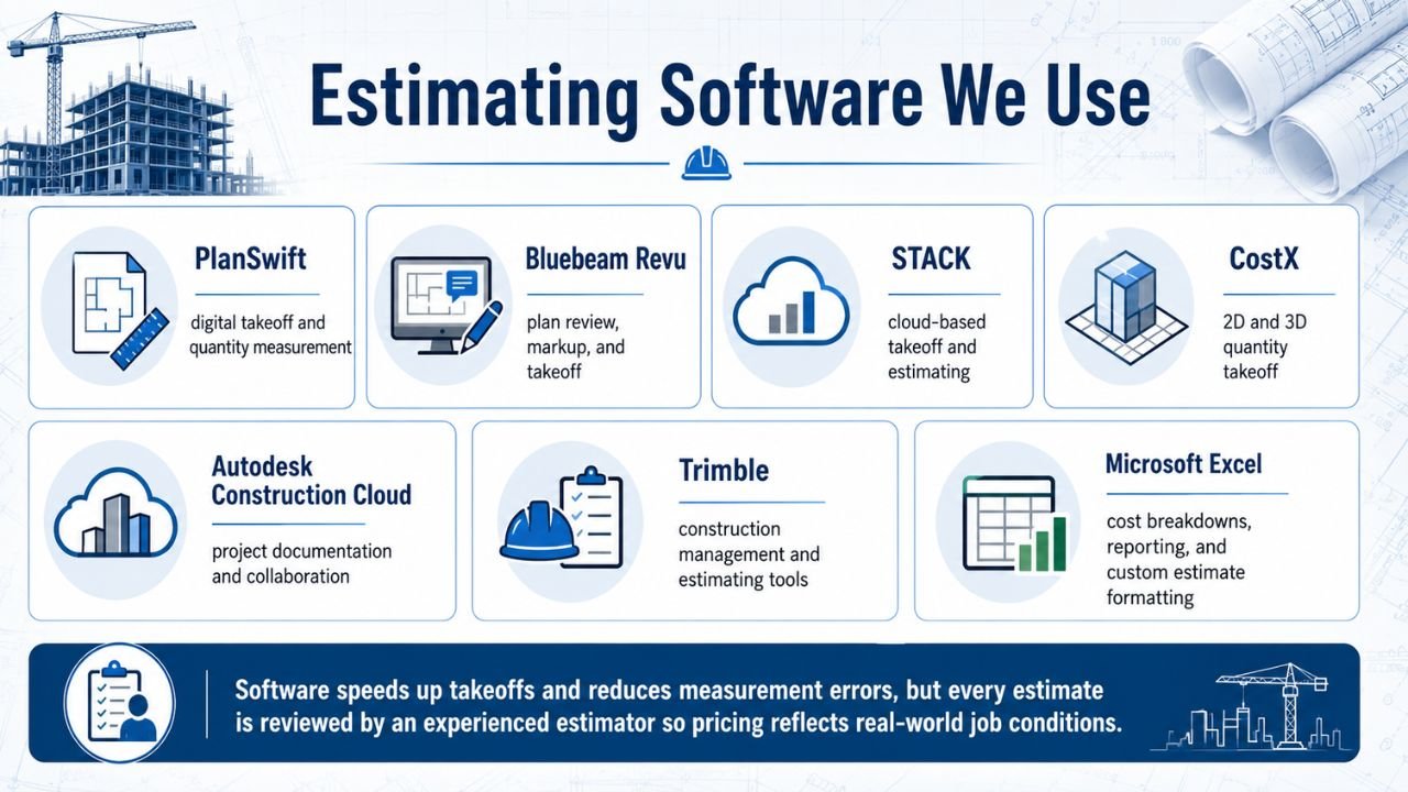 Construction estimating software comparison showing PlanSwift, Bluebeam Revu, STACK, CostX, Autodesk Construction Cloud, Trimble, and Microsoft Excel.