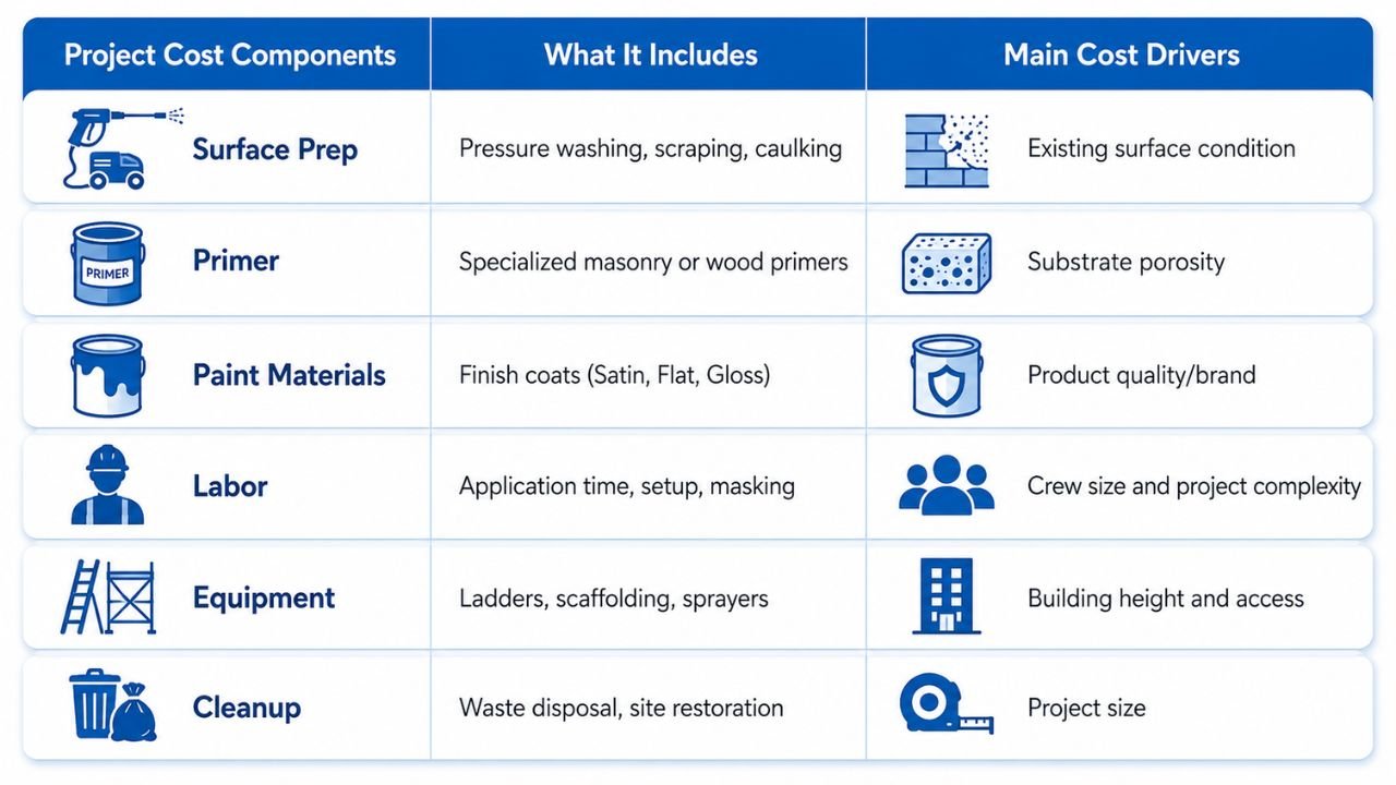 Exterior painting cost breakdown for a 2,000 sq ft house showing surface preparation, primer, paint materials, labor, equipment, and cleanup.