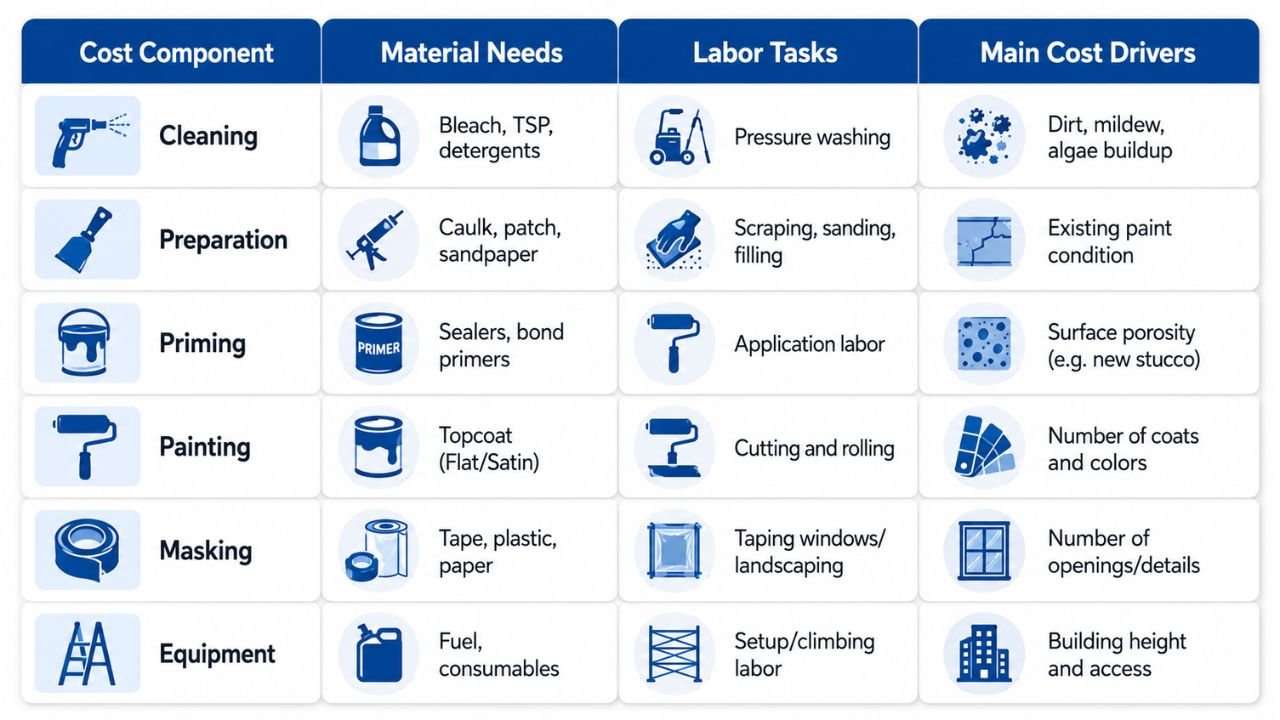 Exterior painting cost components showing cleaning, preparation, priming, painting, masking, equipment, materials, labor tasks, and cost drivers in Florida