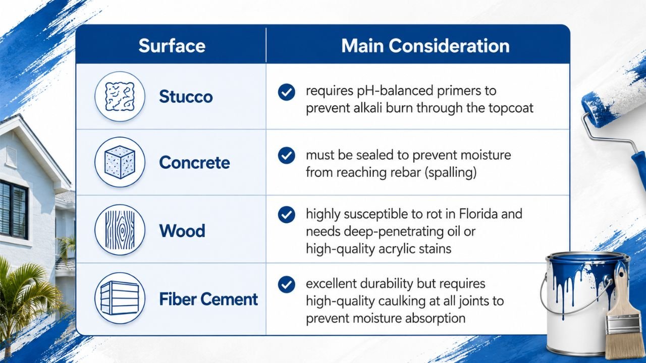 Exterior painting considerations for stucco, concrete, wood, and fiber cement surfaces in Florida