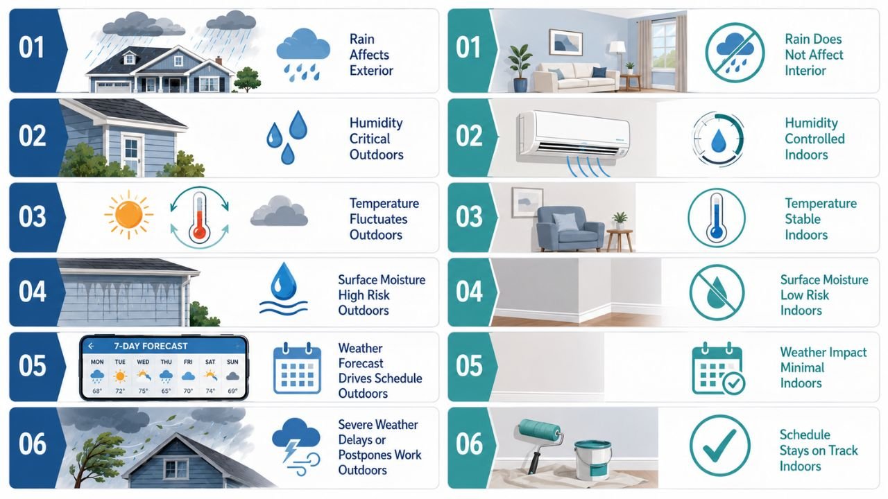 Exterior vs interior painting factors showing how rain, humidity, temperature, moisture, weather forecasts, and scheduling affect painting projects