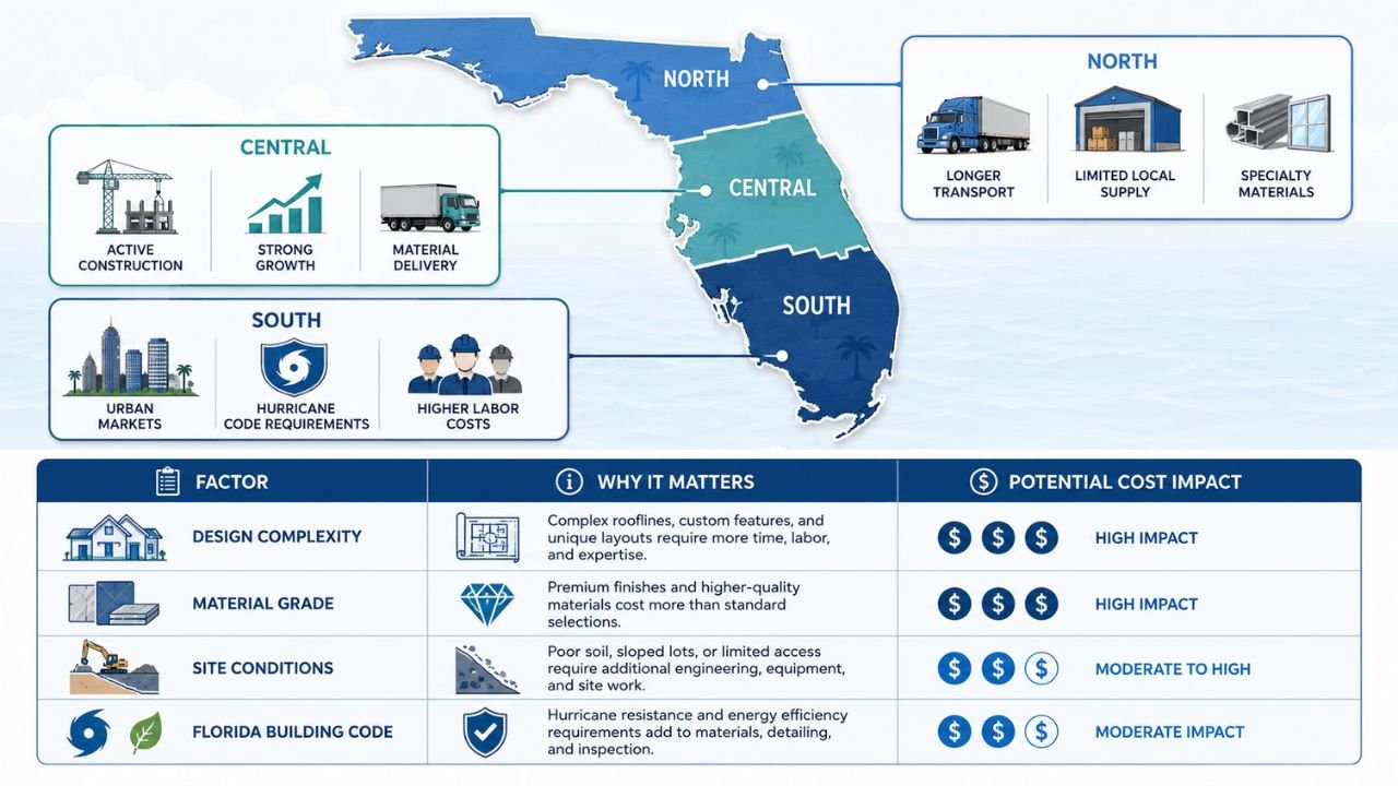 Florida map showing regional factors affecting residential construction cost per square foot