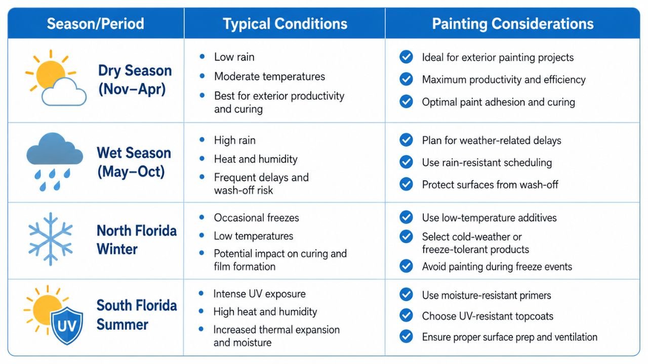 Florida painting seasons comparison showing dry season, wet season, North Florida winter, and South Florida summer conditions