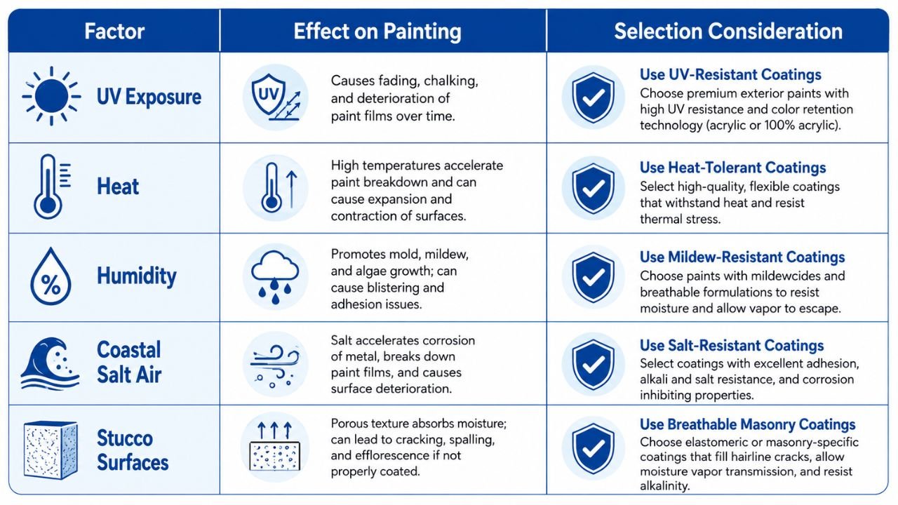 Florida-specific painting considerations for UV exposure, heat, humidity, salt air, and stucco surfaces