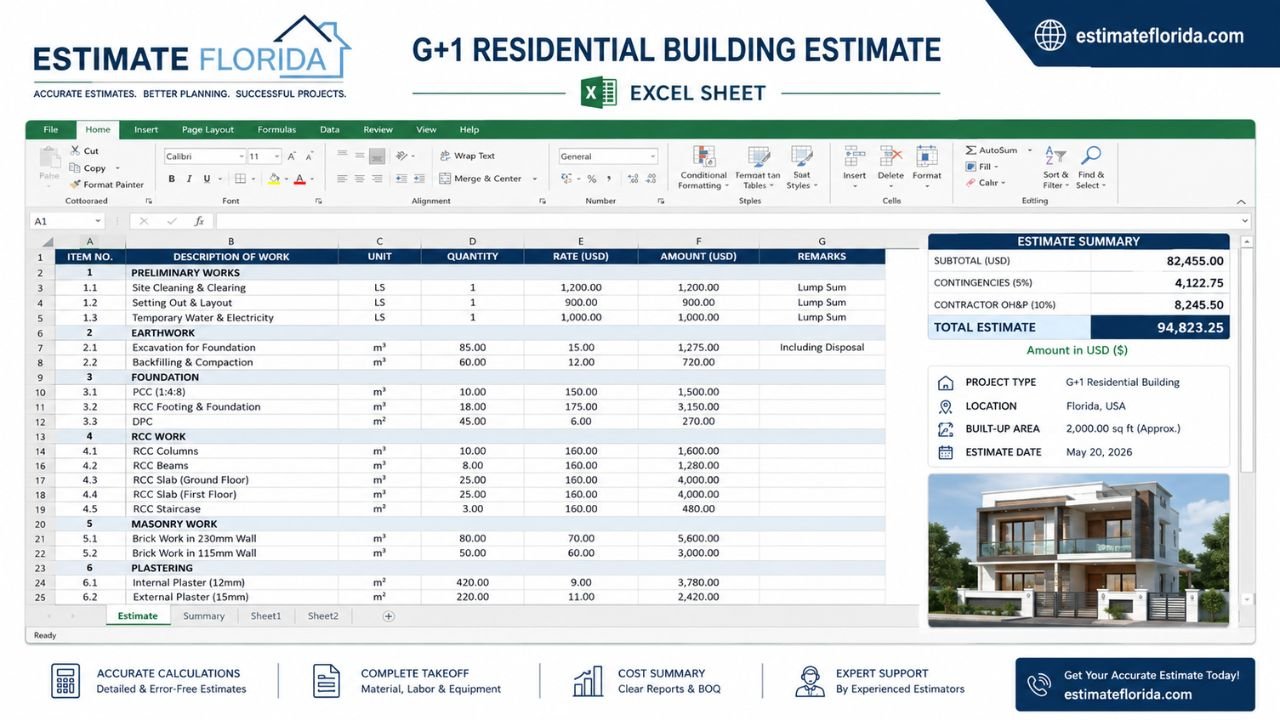 G+1 residential building estimate Excel sheet