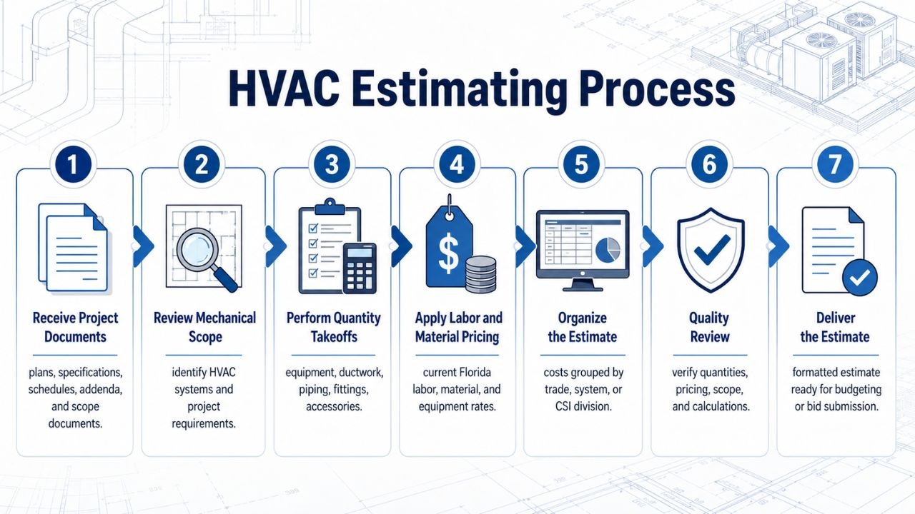 HVAC estimating process showing project review, quantity takeoffs, pricing, quality review, and estimate delivery