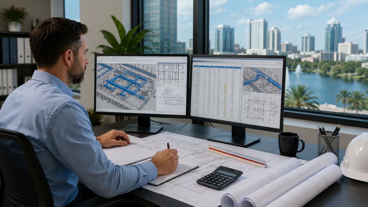 HVAC estimator in Orlando FL reviewing mechanical plans and HVAC quantity takeoffs