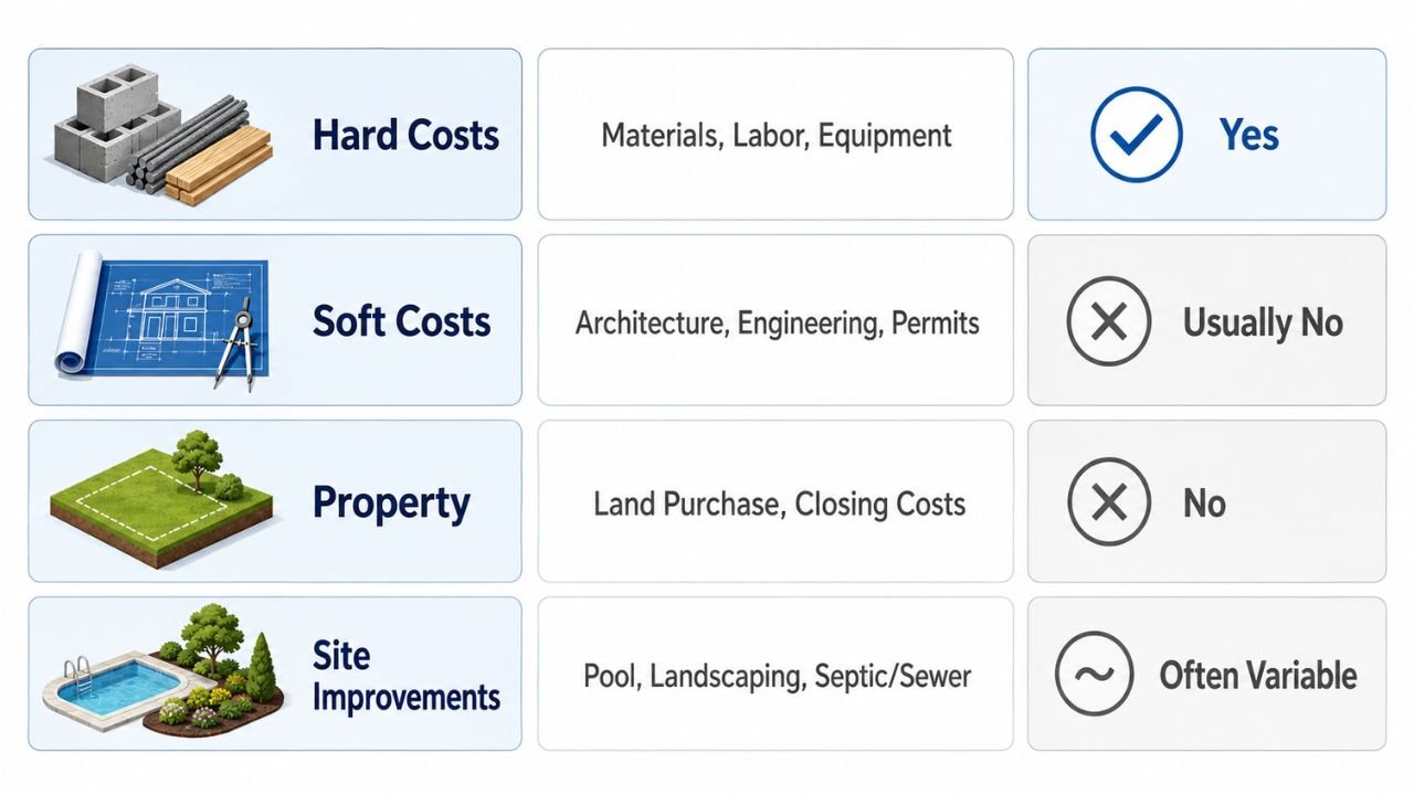 Hard costs vs soft costs in construction showing materials, labor, permits, land, and site improvements