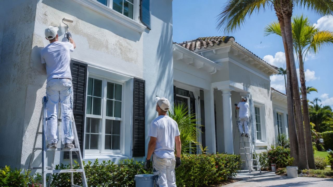 House painters applying exterior paint to a Florida home in a sunny tropical climate