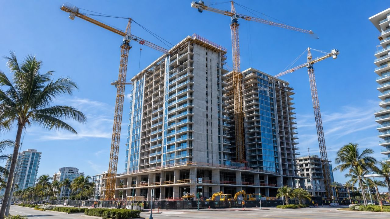 Twenty-story apartment building under construction in Florida with multiple tower cranes, reinforced concrete structure, and high-rise residential development.