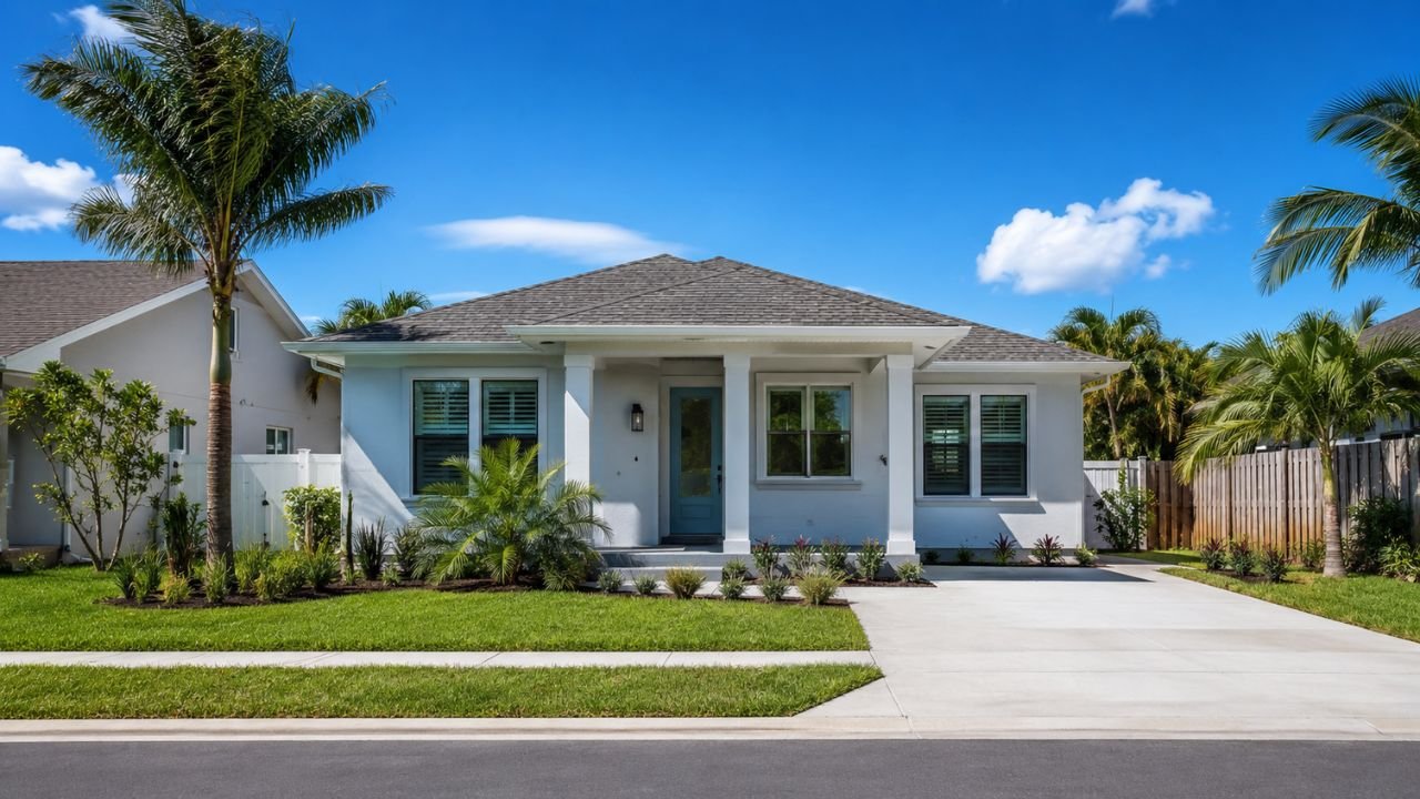 Modern 20x40 single-story house in Florida with a landscaped front yard, concrete driveway, hurricane-resistant design, and contemporary exterior finish.