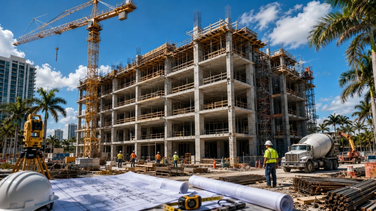 Five-story commercial building under construction in Florida with tower crane, concrete frame, construction workers, surveying equipment, and architectural blueprints on-site.