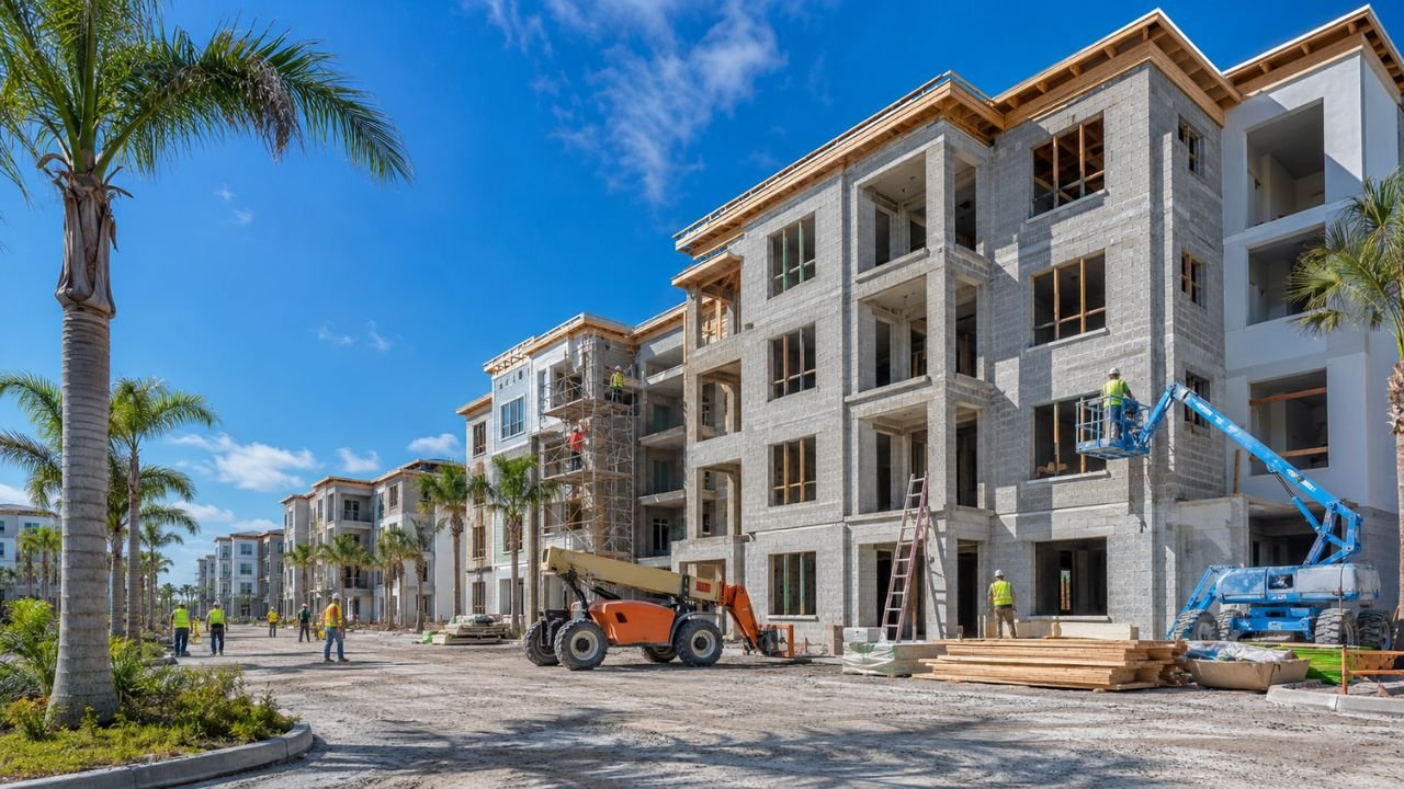A 50-unit apartment complex under construction in Florida with concrete masonry buildings, construction workers, boom lifts, scaffolding, and palm trees.
