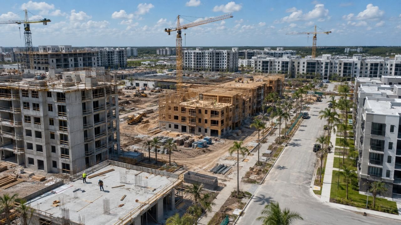 Aerial view of a 500-unit apartment complex under construction in Florida with multiple mid-rise residential buildings, cranes, and active construction work.