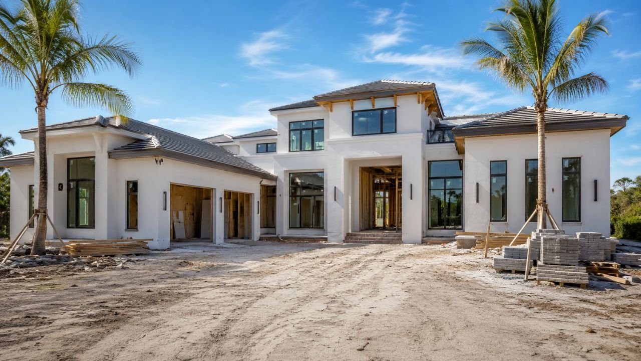 Luxury 5,000 square foot custom house under construction in Florida with a modern exterior, large garage, palm trees, and premium residential architecture.