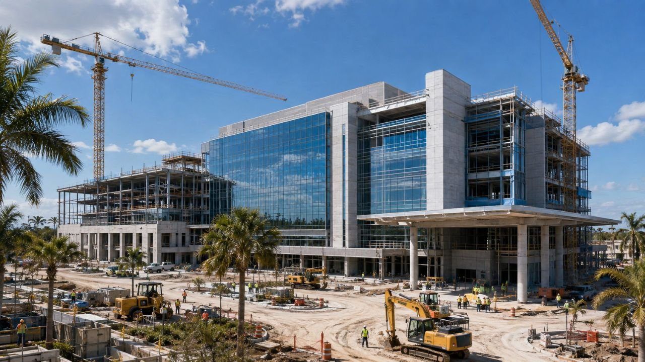 Modern hospital under construction in Florida featuring a multi-story healthcare building, glass façade, tower cranes, heavy construction equipment, and active site development.