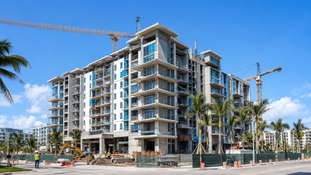 Modern multifamily apartment building under construction in Florida with reinforced concrete structure, balconies, tower cranes, and active commercial construction site.