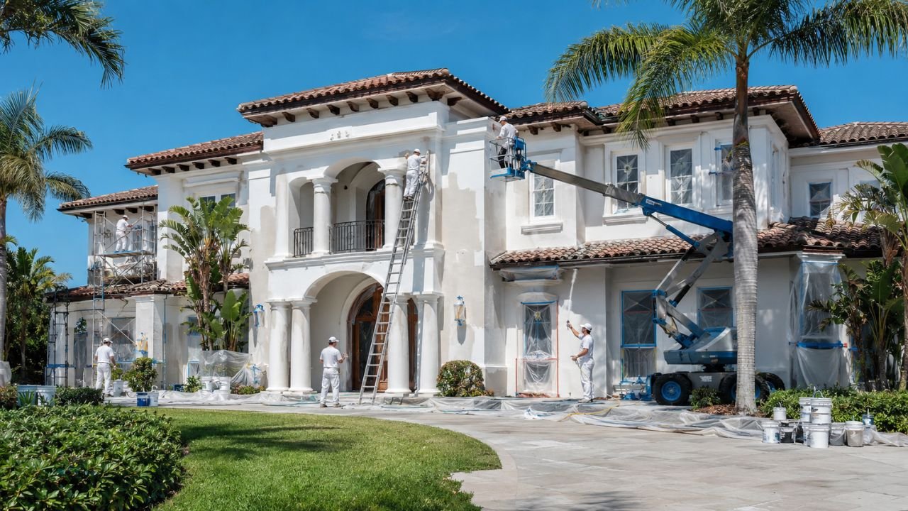 How much does it cost to paint a 10,000 square foot house in Florida, showing professional painters working on a large luxury home.