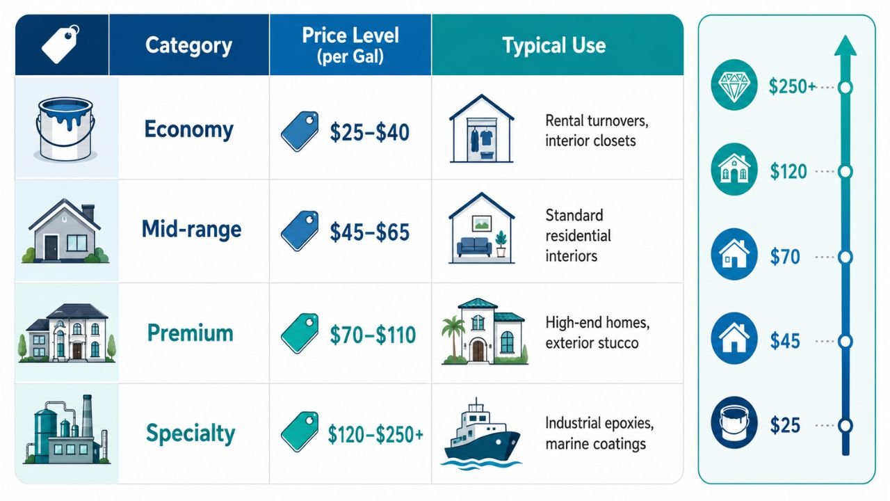 Paint cost in the USA by category, showing economy, mid-range, premium, and specialty paint prices per gallon