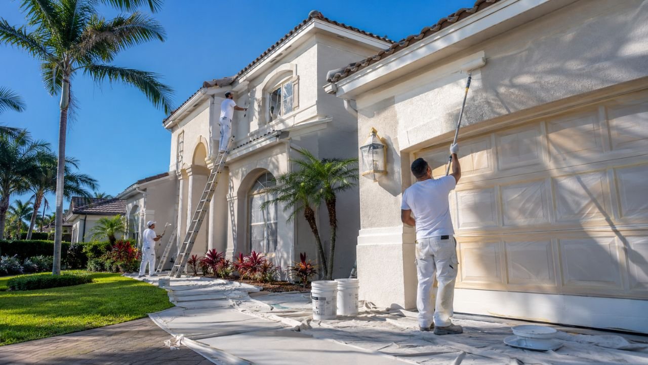 How much to paint a 2,000 sq ft house exterior in Florida, showing professional painters working on a stucco home.