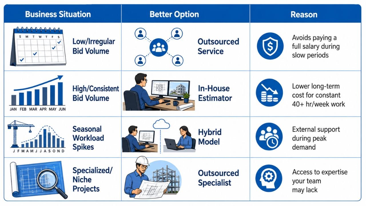 Construction estimator outsourcing vs in-house estimator comparison based on bid volume and workload