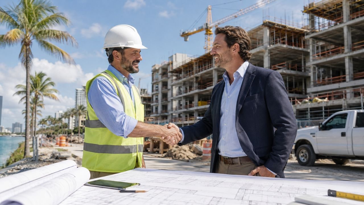 Florida construction contractor shaking hands with a commercial developer at an active construction site, symbolizing winning more construction projects and contracts in Florida.