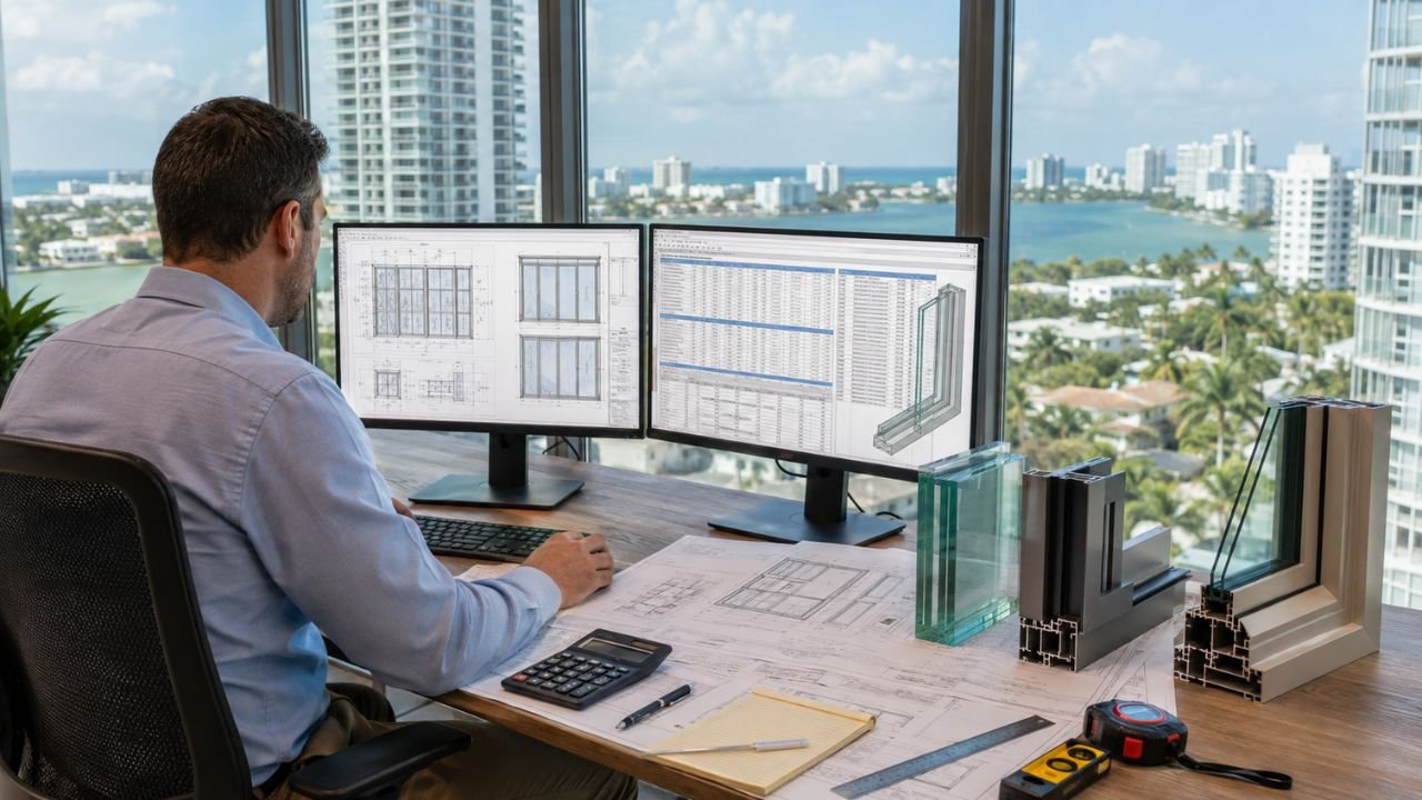 Estimator reviewing hurricane impact window plans, measurements, and pricing for a Florida construction project.