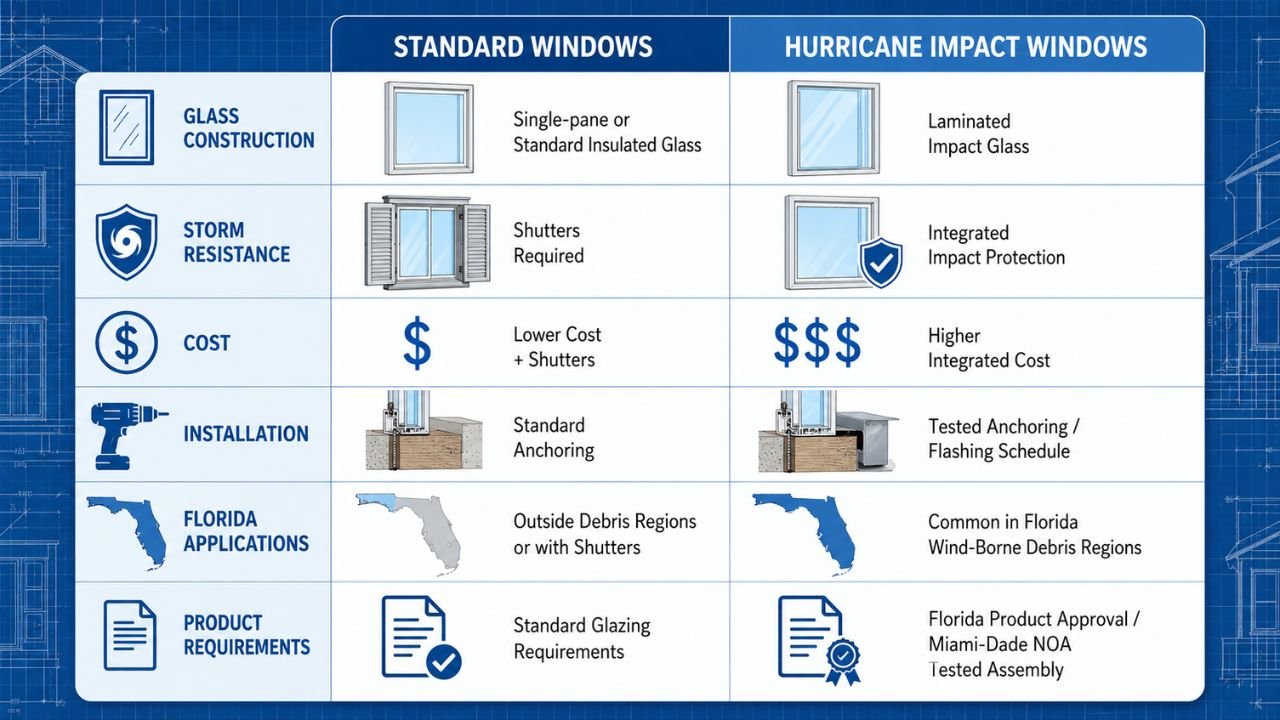 Comparison of hurricane impact windows and standard windows for Florida construction, including cost, storm resistance, installation, and product requirements.