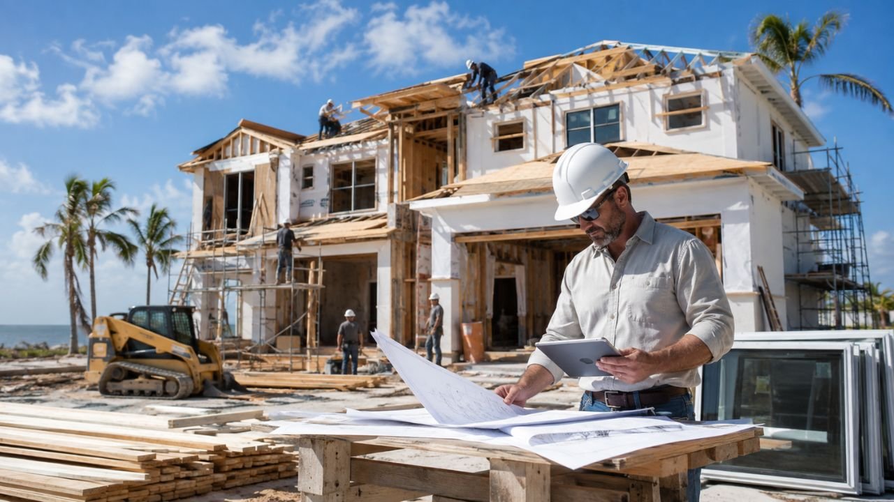 Hurricane rebuild cost estimator in Florida showing a construction professional reviewing plans at a storm-damaged coastal home