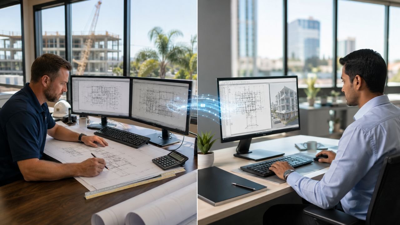 In-house estimator vs outsourced estimating service showing construction professionals reviewing building plans and digital estimates