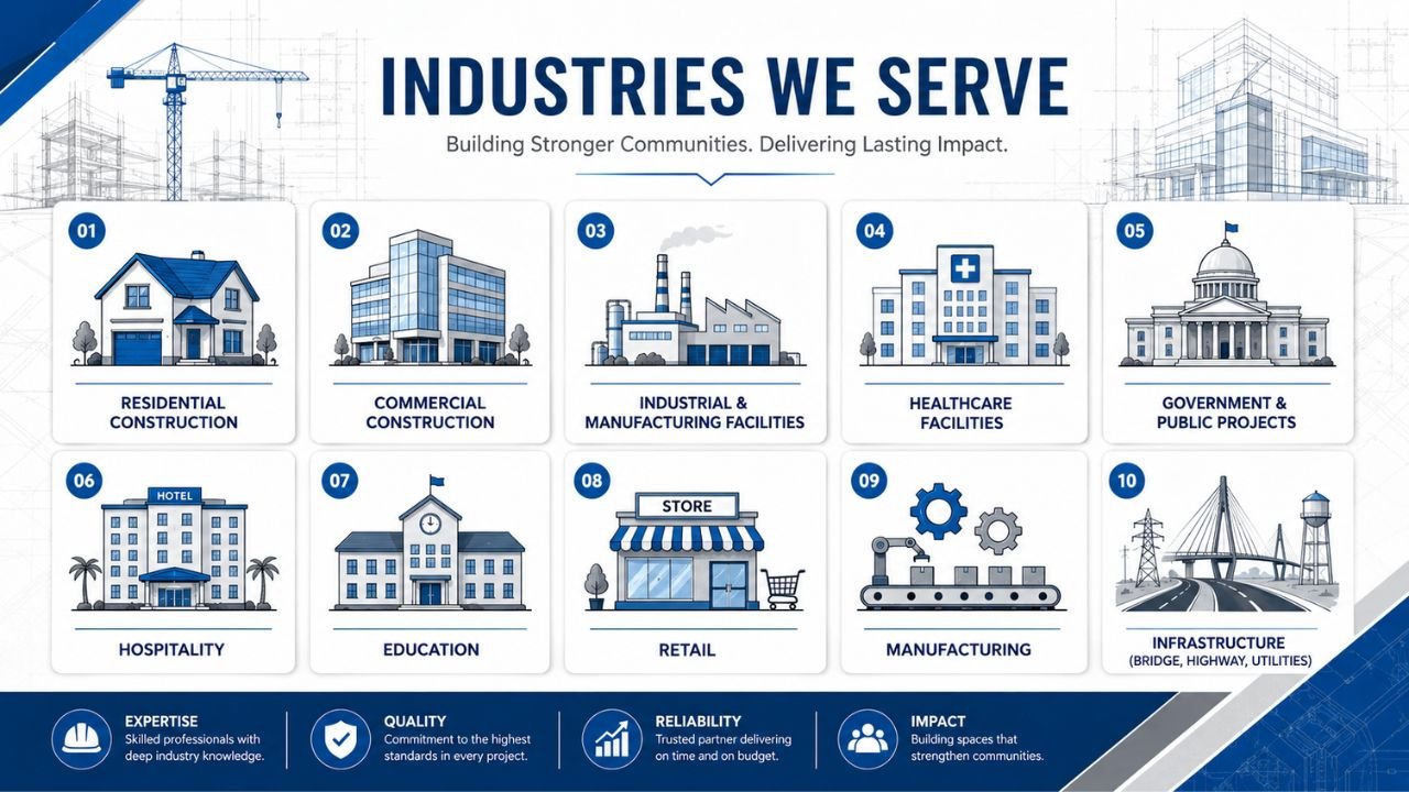 Industries served by professional construction estimating services including residential, commercial, industrial, healthcare, and infrastructure