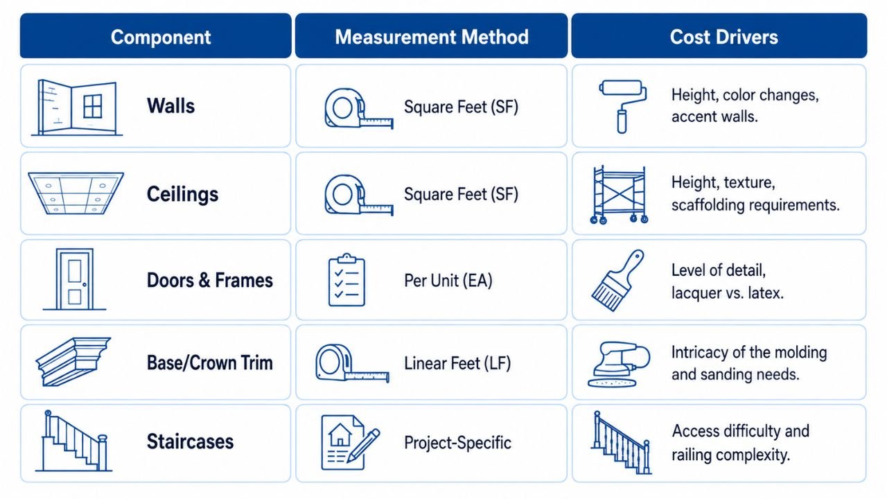 Interior painting cost factors showing walls, ceilings, doors, trim, and staircases with measurement methods and cost drivers.