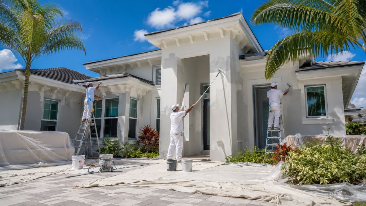 Professional painters applying exterior paint to a Florida home while estimating labor cost per square foot