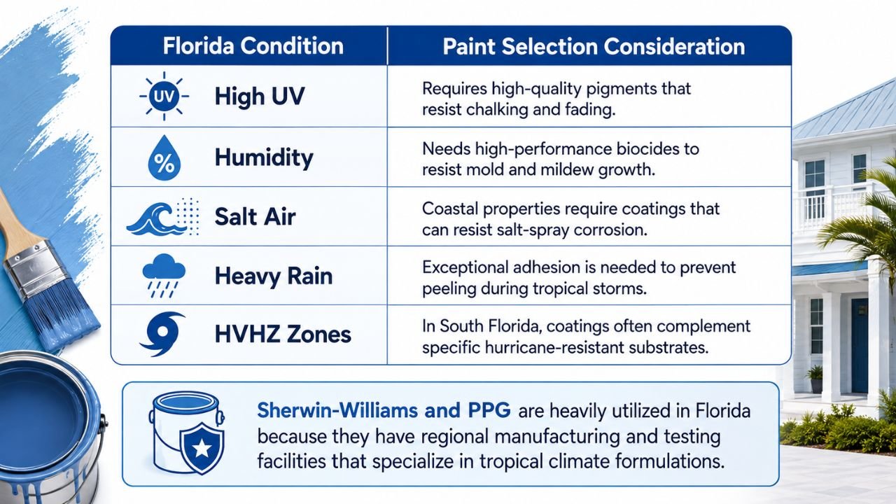 Most famous American paint companies for Florida showing paint selection for UV, humidity, salt air, heavy rain, and hurricane conditions